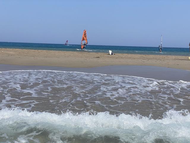 Windsurfers off the sand spit at Prasonisi, Rhodes
