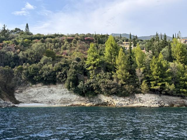 Secluded cove below pine and olive trees, Corfu