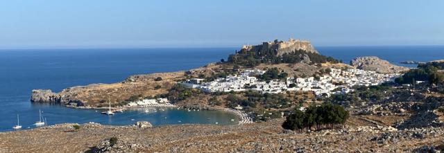 Lindos bay, white village and acropolis, Rhodes