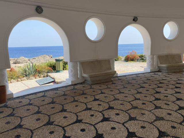 Pebble-mosaic arcade overlooking the sea at Kallithea Springs, Rhodes